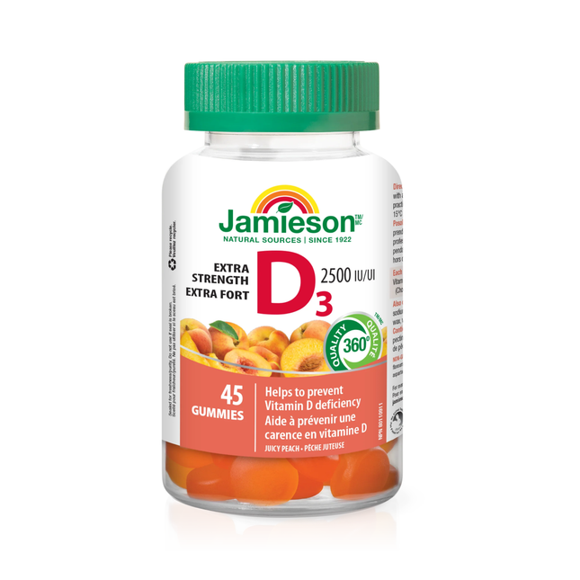 Jamieson - Gummies D3 extra-fortes 2500 UI - Saveur de pêche juteuse | 45 bonbons gélifiés entièrement naturels