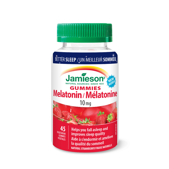 Jamieson - Gummies à la mélatonine 10 mg - Arôme naturel de fraise | 45 bonbons gélifiés aux légumes