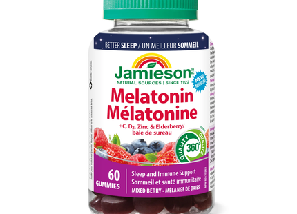 Jamieson - Mélatonine avec saveur de baies mélangées vitamine C + D3 | 60 gommes