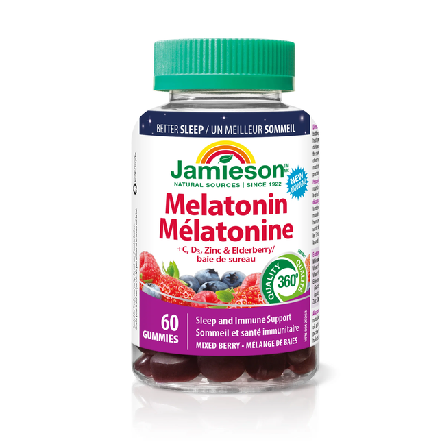 Jamieson - Mélatonine avec saveur de baies mélangées vitamine C + D3 | 60 gommes