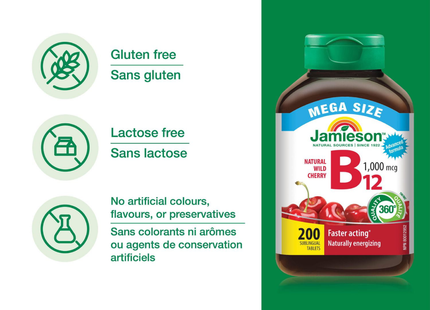 Jamieson - Vitamine B12 1000 mcg avec acide folique | 200 comprimés