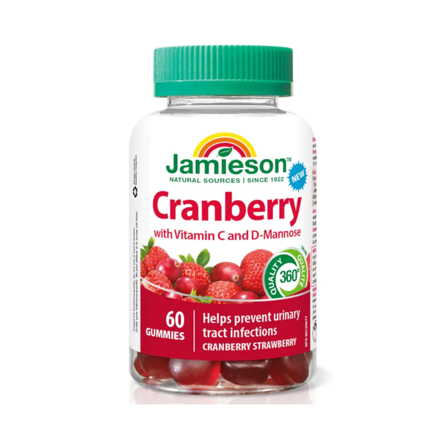 Jamieson - Canneberge avec vitamine C et D-mannose, saveur canneberge-fraise | 60 bonbons gélifiés