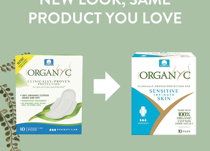 Organyc - 100% Organic Cotton Sensitive Intimate Skin Pads for Moderate Flow | 10 Pads