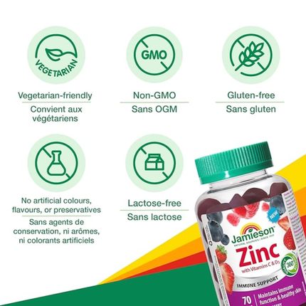 Jamieson - Zinc with Vitamin C + D3 Immune Support Mixed Berry Flavour | 70 Gummies