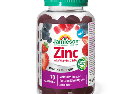 Jamieson - Zinc avec vitamine C + D3 Soutien immunitaire Saveur de baies mélangées | 70 gommes