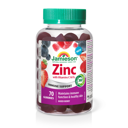 Jamieson - Zinc avec vitamine C + D3 Soutien immunitaire Saveur de baies mélangées | 70 gommes