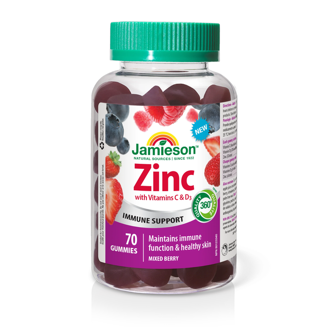Jamieson - Zinc avec vitamine C + D3 Soutien immunitaire Saveur de baies mélangées | 70 gommes