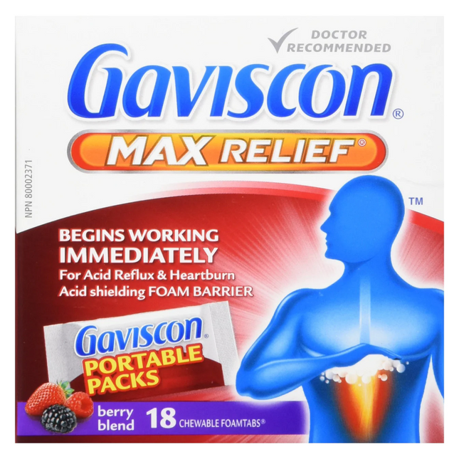 Gaviscon - Pack portable Max Relief Comprimés en mousse à croquer - Mélange de baies | 18 onglets