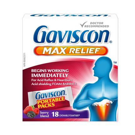 Gaviscon - Comprimés moussants à croquer, format portable, soulagement maximal, mélange de baies | 18 comprimés
