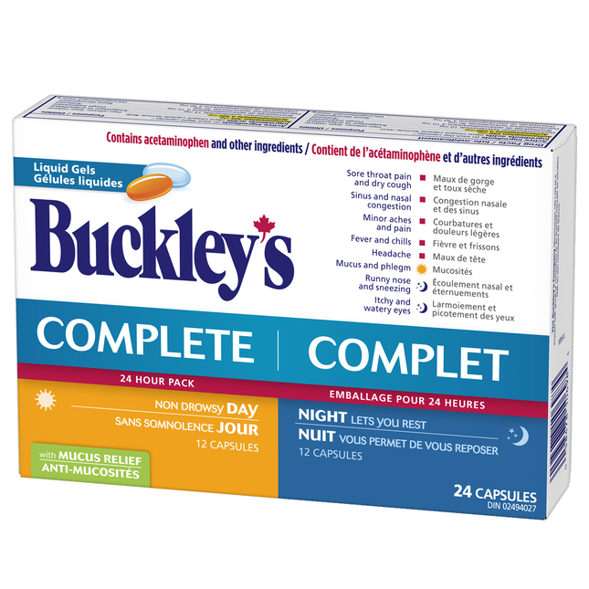 Buckley's - Complet avec gels liquides Daytime Plus Mucus Relief 24H | 12 Gels Liquides Jour + 12 Gels Liquides Nuit
