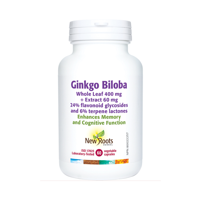 New Roots - Ginkgo Biloba Whole Leaf 400 mg + Extract 60 mg 24% flavonoid glycosides and 6% terpene lactones | 60 capsules