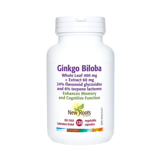 New Roots - Feuille entière de Ginkgo Biloba 400 mg + Extrait 60 mg 24% de glycosides flavonoïdes et 6% de lactones terpéniques | 120 gélules