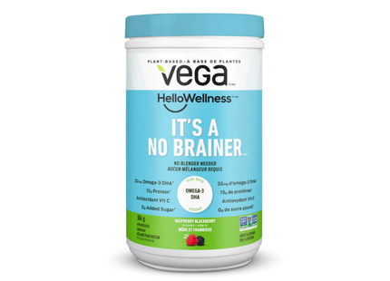 Vega - Hello Wellness - It's a No Brainer - Plant Based Omega 3 DHA Supplement - Raspberry Blackberry Flavour | 384 g