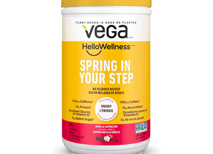 Vega - Hello Wellness - Spring in Your Step - Plant Based Energy Supplement  - Vanilla Cappuccino Flavour | 390 g