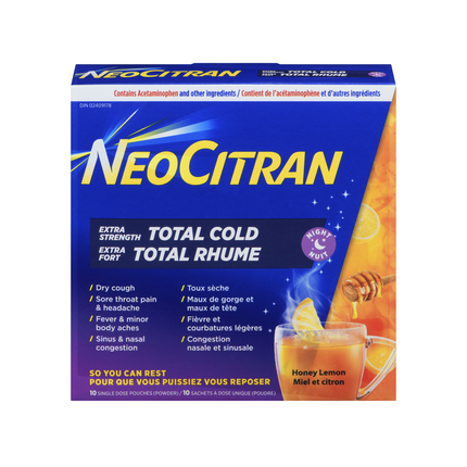 NeoCitran - Rhume et toux extra fort nuit, miel et citron | 10 sachets