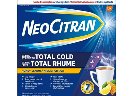 NeoCitran - Total Cold Extra Strength Nighttime Honey Lemon Flavour | 10 Pouches