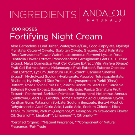 Andalou Naturals - Crème de nuit fortifiante aux 1000 roses pour peaux sensibles | 50 g