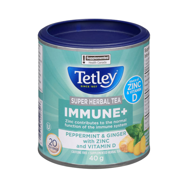 Tetley - Immune+ Super Herbal Tea, Peppermint & Ginger + Zinc & Vitamin D | 20 Tea Bags