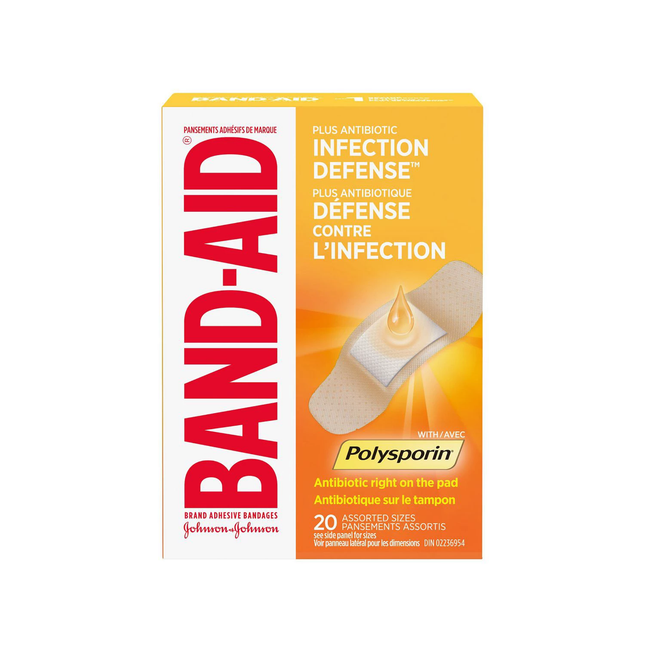 BAND-AID Plus Antibiotique 2-en-1 avec bandages Polysporine - Tailles assorties | 20 unités