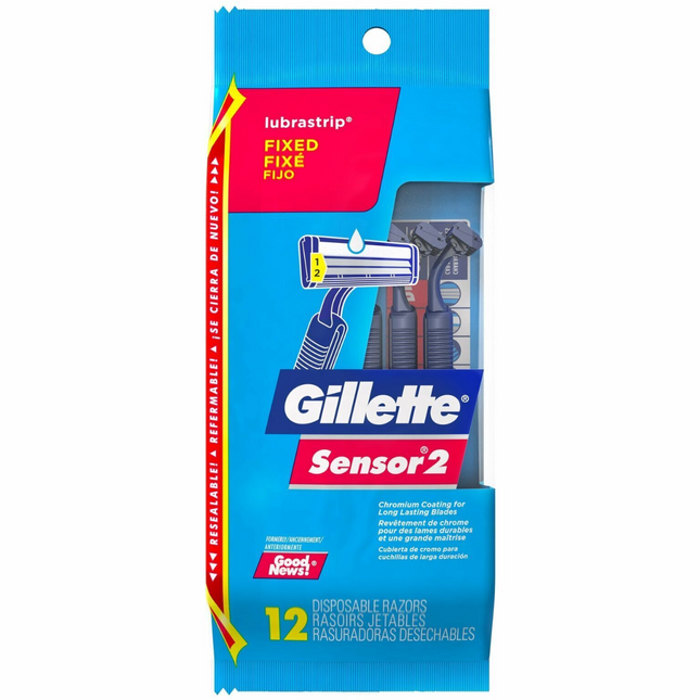 Gillette - Sensor 2 Fixed Disposable Razors with Lubrastrip | 12 Razors