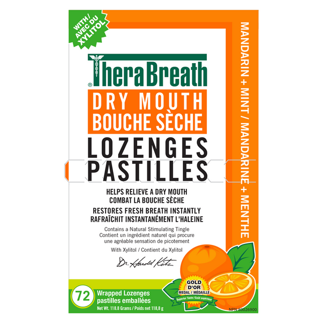 Pastilles TheraBreath pour la bouche sèche – Mandarine + Menthe | 72 pastilles emballées