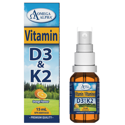 Omega Alpha - Supplément en spray vitamine D3 et K2 - Saveur orange | 15 ml
