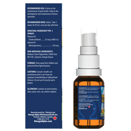 Omega Alpha - Supplément en spray vitamine D3 et K2 - Saveur orange | 15 ml