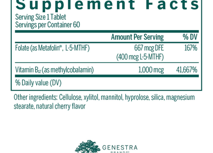 Genestra - Vitamine B12 active à croquer + L-méthylfolate | 60 comprimés