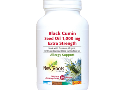 New Roots - Huile de cumin noir 1 000 mg Extra Strength Mediterranean Nigella sativa Fabriquée avec de l'huile de cumin noir de première pression à froid, biologique et de première qualité | 60 gélules