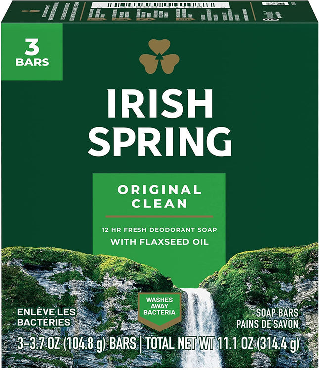 Irish Spring - Original Clean - 12 hr Fresh Deodorant Soap with Flaxseed Oil | 3 Bars X 104.8 g