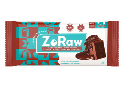 ZoRaw - 45% Cocoa Chocolate Bar With Protein - Milk Chocolate | 1 Bar x 52 g