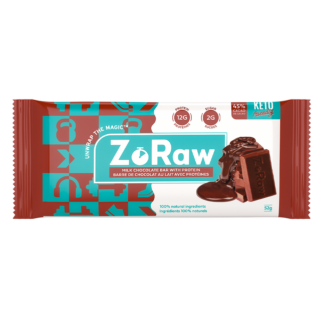 ZoRaw - Barre de chocolat 45 % de cacao avec protéines - Chocolat au lait | 1 barre x 52 g