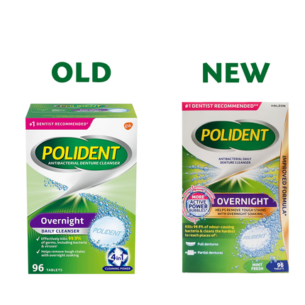 Polident - Nettoyant antibactérien quotidien 4 en 1 pour prothèses dentaires | 96 comprimés