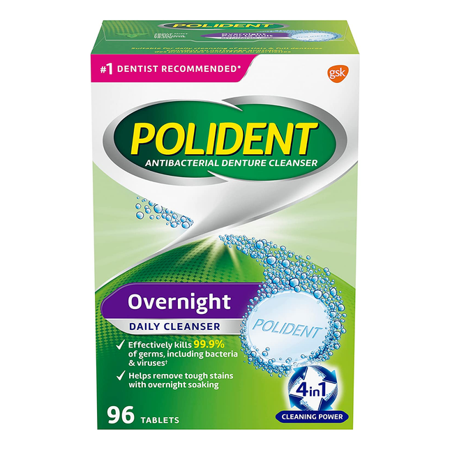 Polident - Nettoyant antibactérien quotidien 4 en 1 pour prothèses dentaires | 96 comprimés