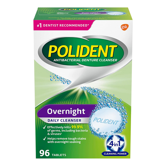 Polident - Overnight Daily 4-in-1 Antibacterial Cleanser for Dentures | 96 Tablets