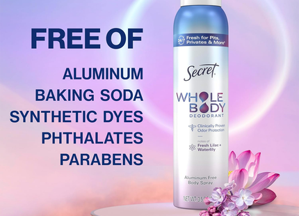 Secret - Whole Body Aluminum Free Deodorant for Women Body Spray, Lilac & Waterlily | 99 g