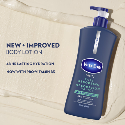 Vaseline Men - Lotion 3 en 1 à absorption rapide pour le corps, le visage et les mains | 600 ml