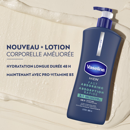 Vaseline Men - Lotion 3 en 1 à absorption rapide pour le corps, le visage et les mains | 600 ml