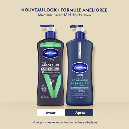 Vaseline Men - Lotion 3 en 1 à absorption rapide pour le corps, le visage et les mains | 600 ml