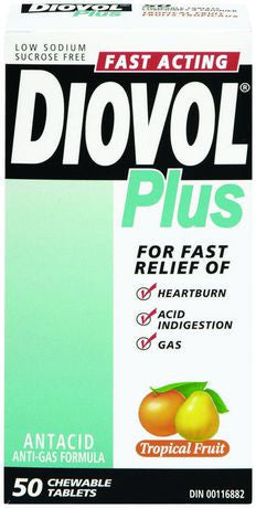 Diovol Plus - Fast Acting Antacid Chewable Tablets - Tropical | 50 Tablets