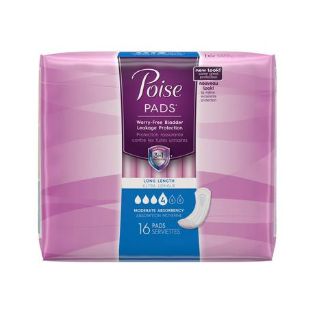 Poise Pads - Moderate Absorbency - Long Length | 16 Pads