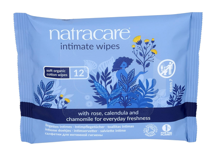 NatraCare - Lingettes intimes en coton bio à la rose, au calendula et à la camomille | 12 lingettes