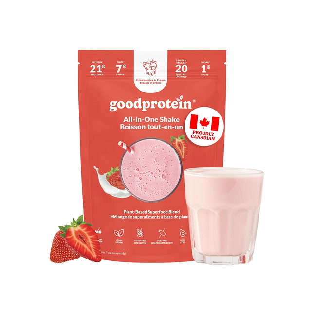 Goodprotein Shake tout-en-un, mélange de superaliments végétaux, fraises et crème | 440 g