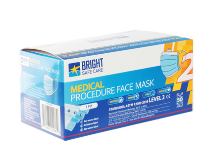 Bright Safe Care - Adult Disposable Medical Procedure Face Masks - 3 Filter - Blue | Pack of 50 Masks