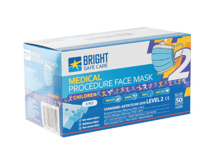 Bright Safe Care - Kids Disposable Medical Procedure Face Masks - 3 Filter - Blue | Pack of 50 Masks