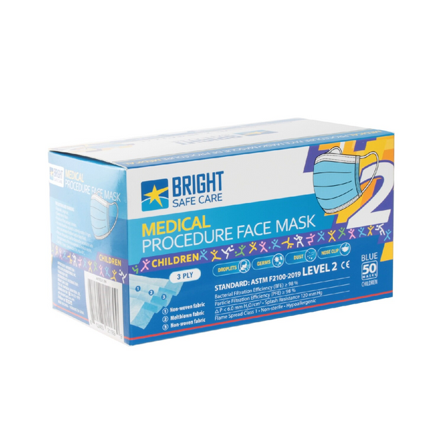 Bright Safe Care - Kids Disposable Medical Procedure Face Masks - 3 Filter - Blue | Pack of 50 Masks
