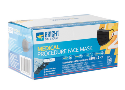 Bright Safe Care - Adult Disposable Medical Procedure Face Masks - 3 Filter - Black | Pack of 50 Masks