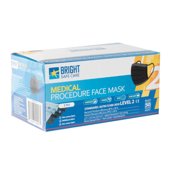 Bright Safe Care - Adult Disposable Medical Procedure Face Masks - 3 Filter - Black | Pack of 50 Masks