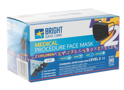 Bright Safe Care - Kids Disposable Medical Procedure Face Masks - 3 Filter - Black | Pack of 50 Masks