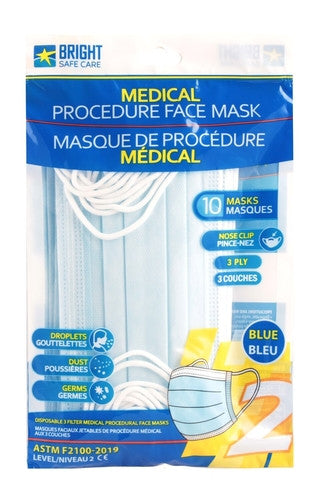 Bright Safe Care - Disposable Medical Procedure Face Masks  - 3 Filter - Blue | Pack of 10 Masks